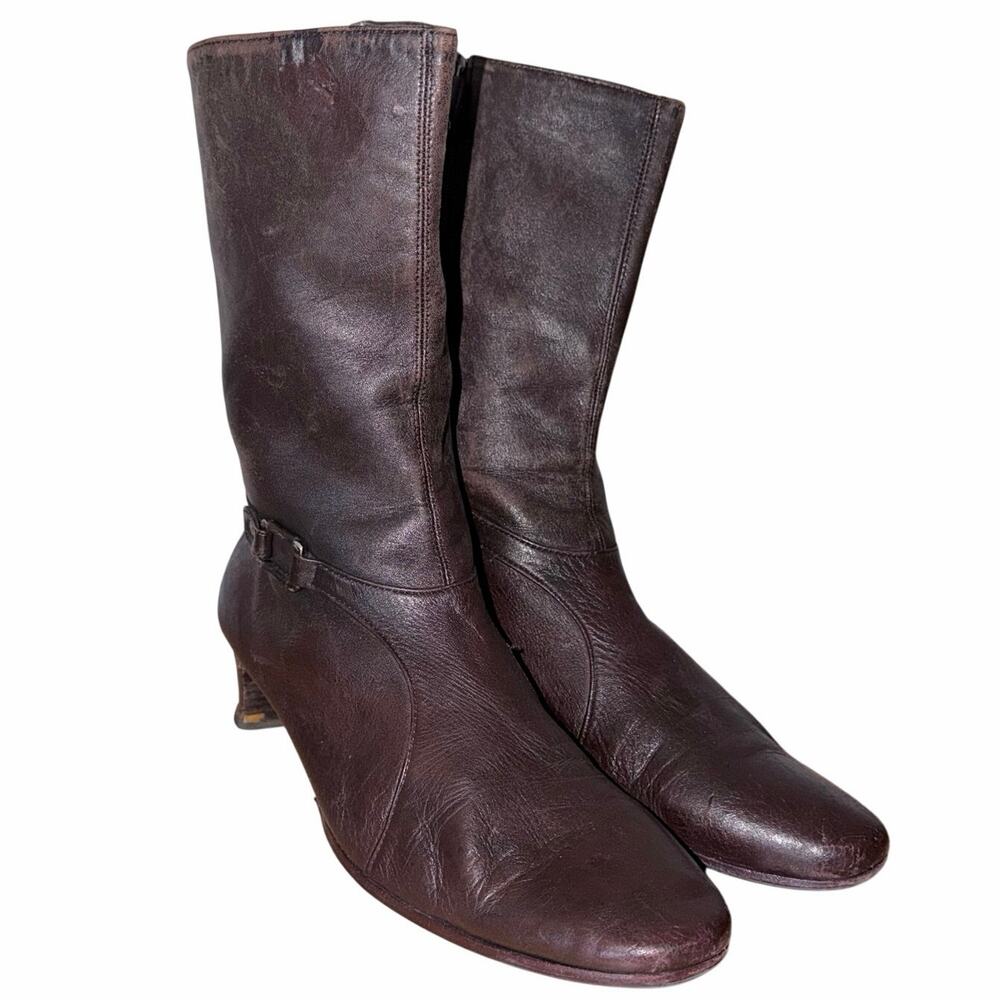 Cole Haan Brown Leather Mid Calf Boots Size 9.5 Western Witchy Heel heritage - Picture 1 of 9